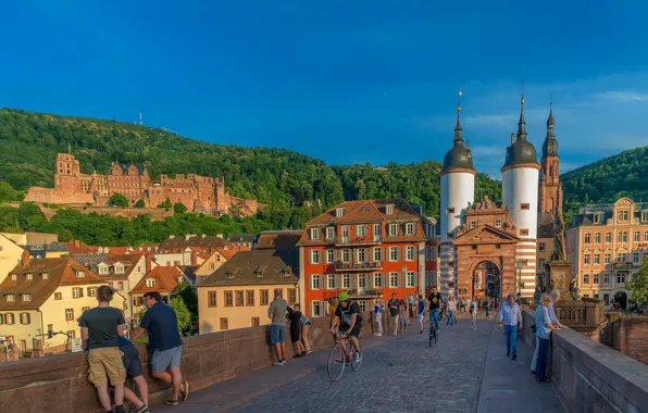 Мост, люди, замок, здания, дома, ворота, Германия, Germany