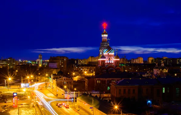 Дорога, ночь, скорость, ночной пейзаж, фонари, церковь, ночной город