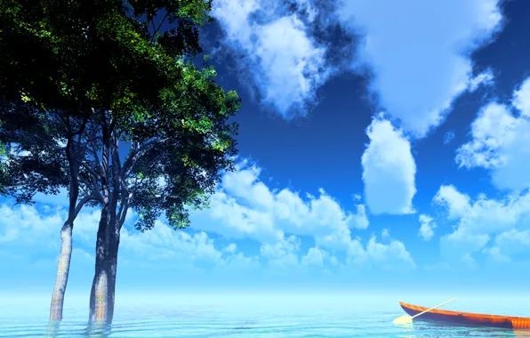 Небо, деревья, озеро, лодка, y-k