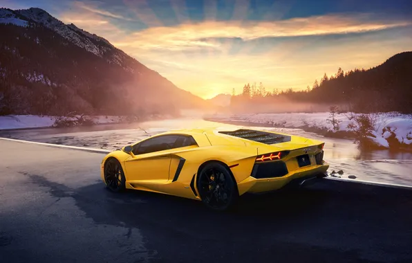 Картинка Lamborghini, Sunset, Yellow, LP700-4, Aventador, Supercar, Rear, Giallo Orion