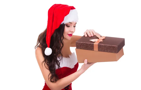 Девушка, праздник, коробка, подарок, шапка, новый год, рождество, макияж