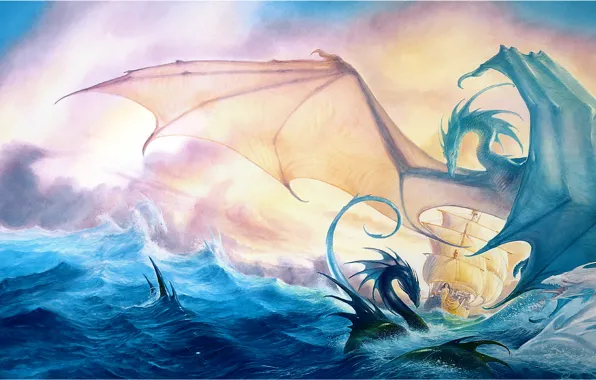 Картинка море, фентези, корабль, драконы