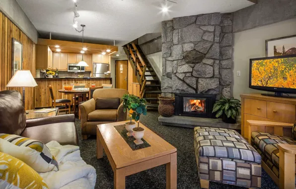 Картинка интерьер, кухня, камин, гостиная