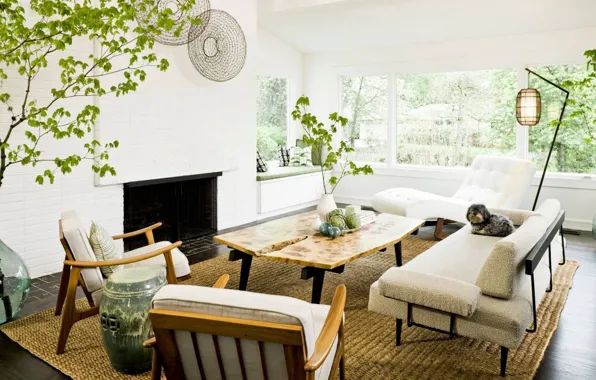 Дизайн, интерьер, камин, ретро стиль, гостиная, mid-century modern living room