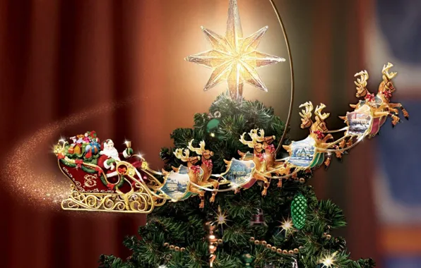 Звезда, елка, Новый год, сани, олени, Thomas Kinkade