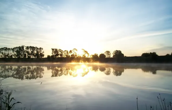 Солнце, облака, лучи, пейзаж, природа, озеро, восход