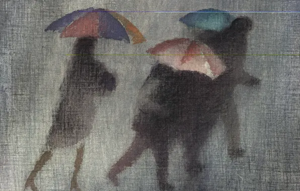Картинка осень, зонты, серый фон, чёрные фигуры, Роберт Макинтош, проливной дождь