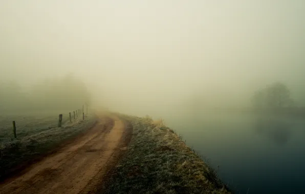 Картинка дорога, пейзаж, туман, река