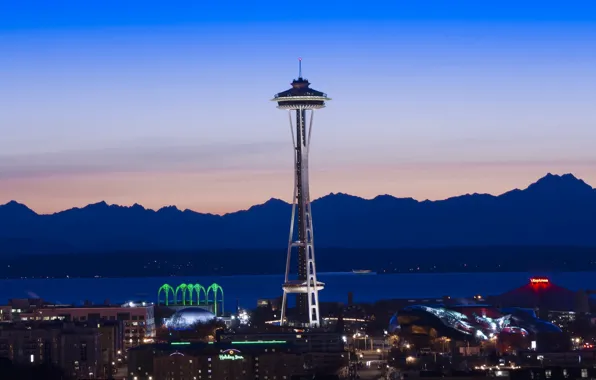 City, lights, USA, Space Needle, tower, sky, ocean, photo