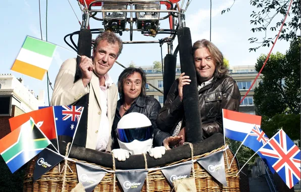 Картинка воздушный шар, Jeremy Clarkson, Top Gear, флаги, and, The Stig, самая лучшая телепередача, высшая передача