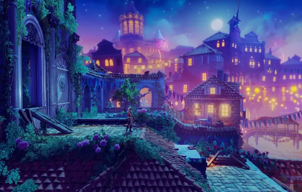 Девушка, ночь, город, огни, луна, Trine 4: The Nightmare Prince