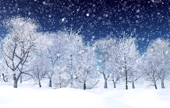 Зима, снег, деревья, снежинки, landscape, winter, snow, tree