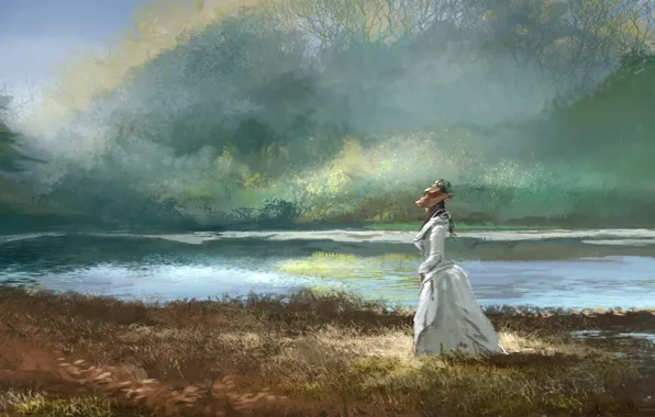 Картинка лес, трава, девушка, озеро, шляпа, платье, арт, прогулка