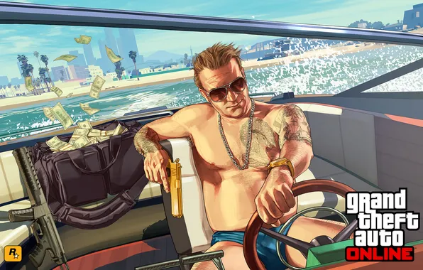 Картинка мужик, деньги, яхта, автомат, online, бандит, gta 5, gangs