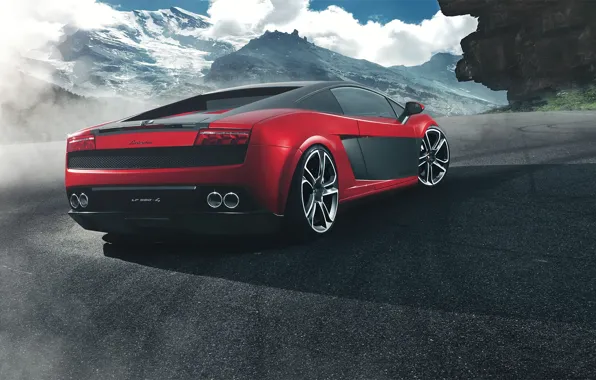 Картинка горы, красный, Lamborghini, red, Gallardo, ламборджини, rear, галлардо
