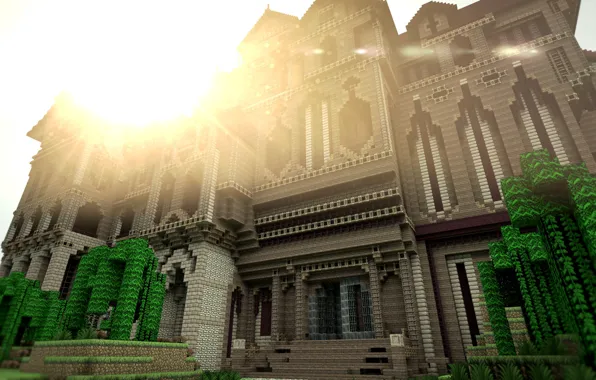 Небо, солнце, деревья, здание, minecraft
