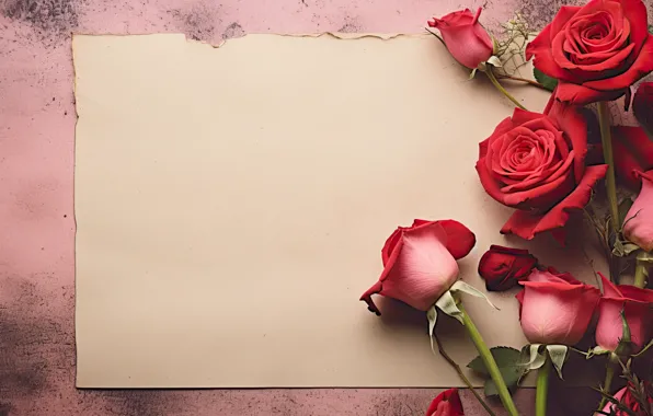 Цветы, бумага, праздник, розы, букет, красные, бутоны, розовый фон