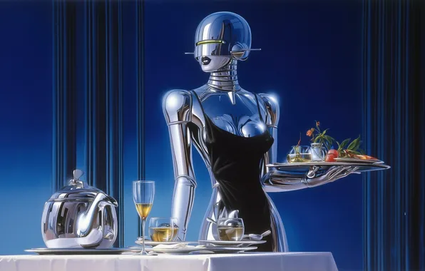 Robot, blue, science fiction, women, chrome, illustration, waitress