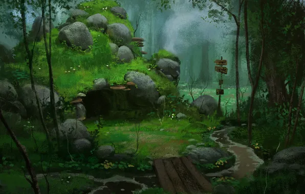 Картинка лес, мост, камни, арт, указатель, пещера, речка, логово