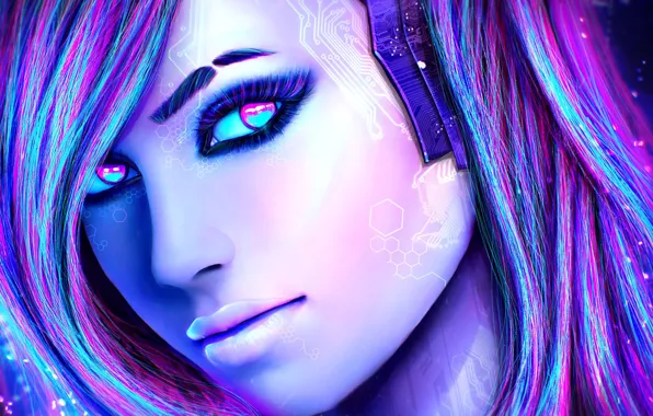 Взгляд, девушка, лицо, волосы, красота, art, cyberpunk