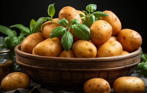 Листья, темный фон, урожай, овощи, картошка, картофель, базилик, свежий