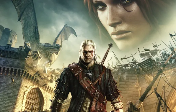 Картинка взгляд, замок, огонь, дракон, меч, медальон, ведьмак, шрам, The Witcher 2: Assassins of Kings, Трисс …