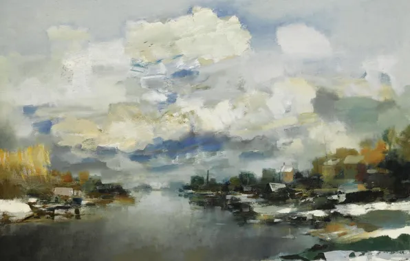 Облака, река, картина, Зимний пейзаж, Albert Saverys