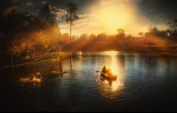Картинка солнце, лучи, пейзаж, закат, озеро, люди, отдых, лодки