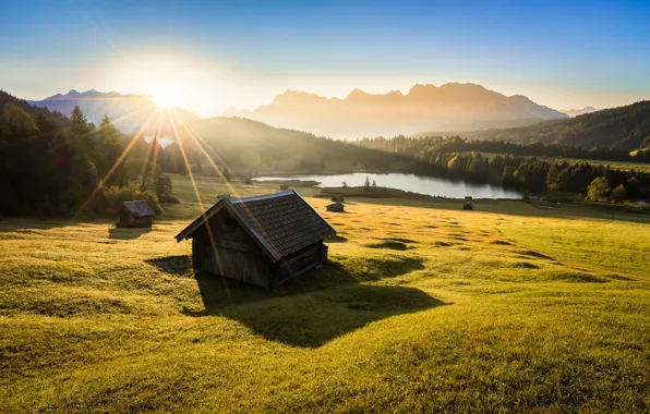 Солнце, горы, озеро, рассвет, утро, Германия, Бавария, Bavaria