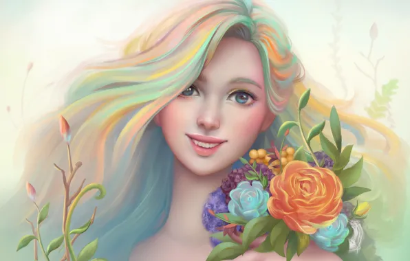 Девушка, цветы, улыбка, рисунок, портрет