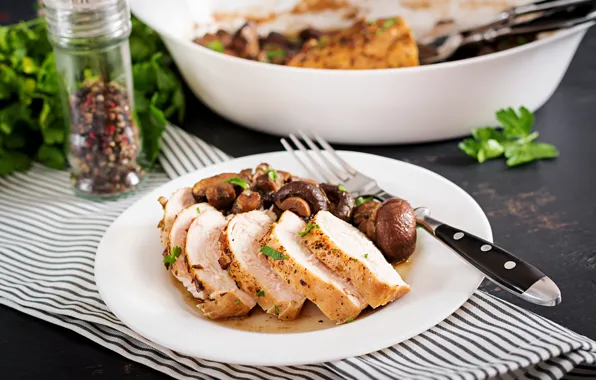 Картинка грибы, еда, тарелка, мясо, специи