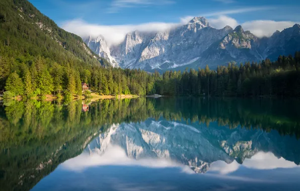 Картинка лес, горы, озеро, отражение, Италия, Italy, Юлийские Альпы, Tarvisio