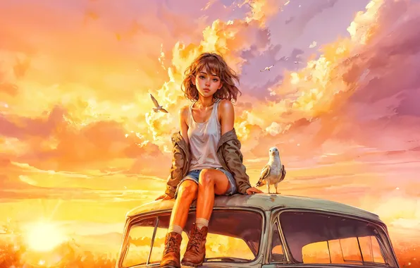Car, girl, vintage, roof