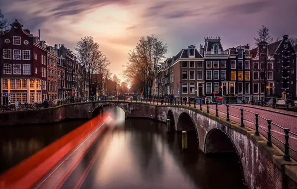 Свет, мост, город, огни, вечер, выдержка, Амстердам, канал