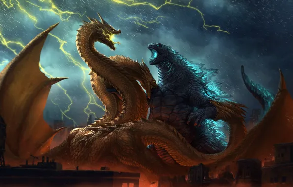 Fantasy, Годзилла, Art, Lightning, Rain, Godzilla, Kaiju, Creatures