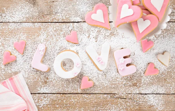 Буквы, доски, Love, печенье, сердечки, выпечка, сладкое, сахарная пудра