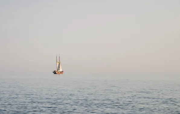 Море, туман, корабль, утро, паруса
