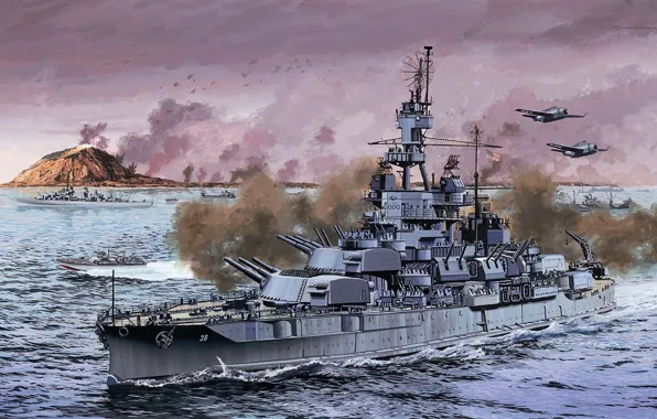 Картинка корабль, флот, сражение, американский, линкор, WW2, art., пенсильвания
