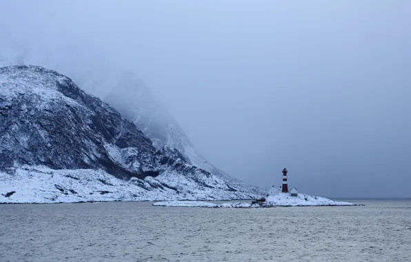 Winter, mountains, snow, lighthouse, bay, foggy, islet, cove