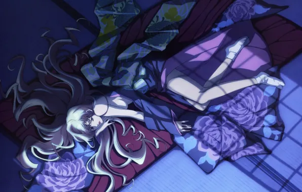 Ночь, лежит, носки, кимоно, длинные волосы, Macross Frontier, Sheryl Nome, татами