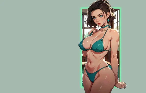 Green, girl, hot, sexy, nipples, boobs, anime, pretty