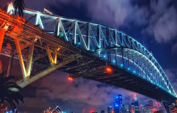 Ночь, мост, огни, дома, Австралия, театр, Сидней