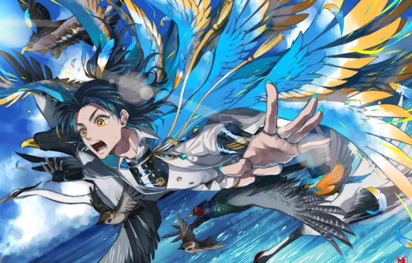 Птицы, аниме, арт, парень, Touken ranbu, Танец Мечей