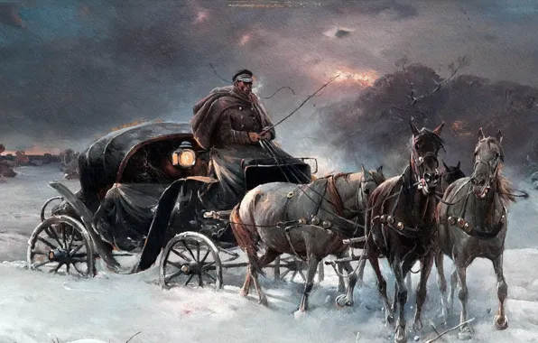 Картинка зима, картина, Путешествие зимней ночью, Альфред Ян Максимилиан Веруш-Ковальски