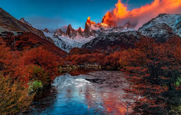 Осень, облака, пейзаж, горы, природа, озеро, утро, Аргентина