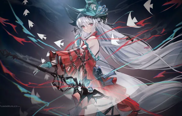 Вода, девушка, рыбки, магия, Arknights, Skadi