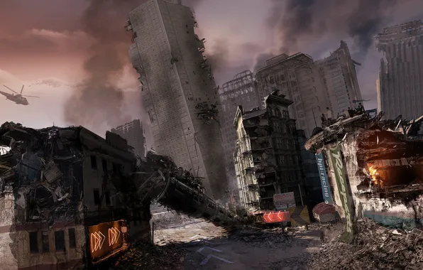 Картинка город, здание, вертолет, конец света, MotorStorm Apocalypse