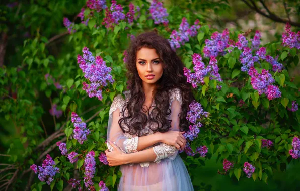 Взгляд, девушка, природа, платье, кудри, сирень, Ольга Бойко
