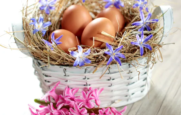 Картинка цветы, корзина, яйца, весна, пасха, flowers, spring, eggs