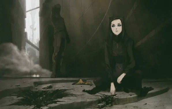 Разрушения, киборг, Ergo Proxy, место преступления, в темноте, Iggy, Re-l Mayer